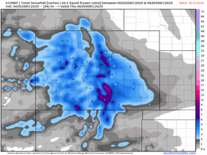 Forecast snow amounts from the European from Tuesday through Wednesday.