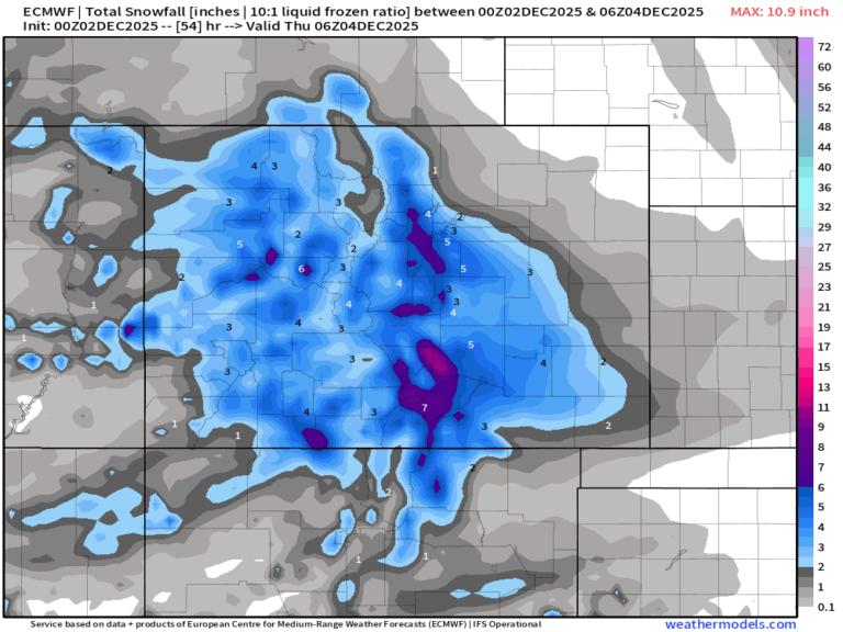 Forecast snow amounts from the European from Tuesday through Wednesday.