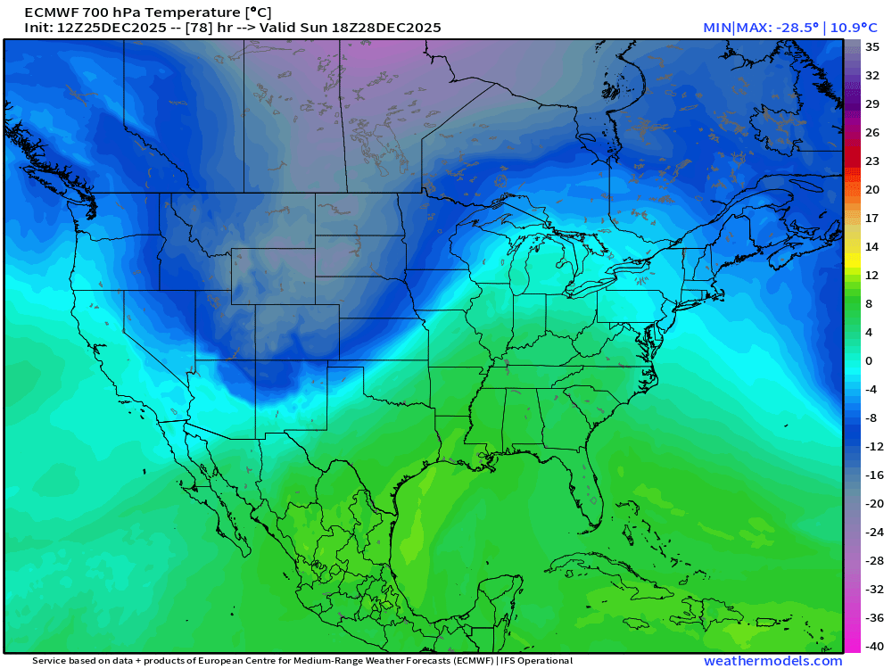 Forecast temperatures in 12,000' at mid-day Sunday, December 28.